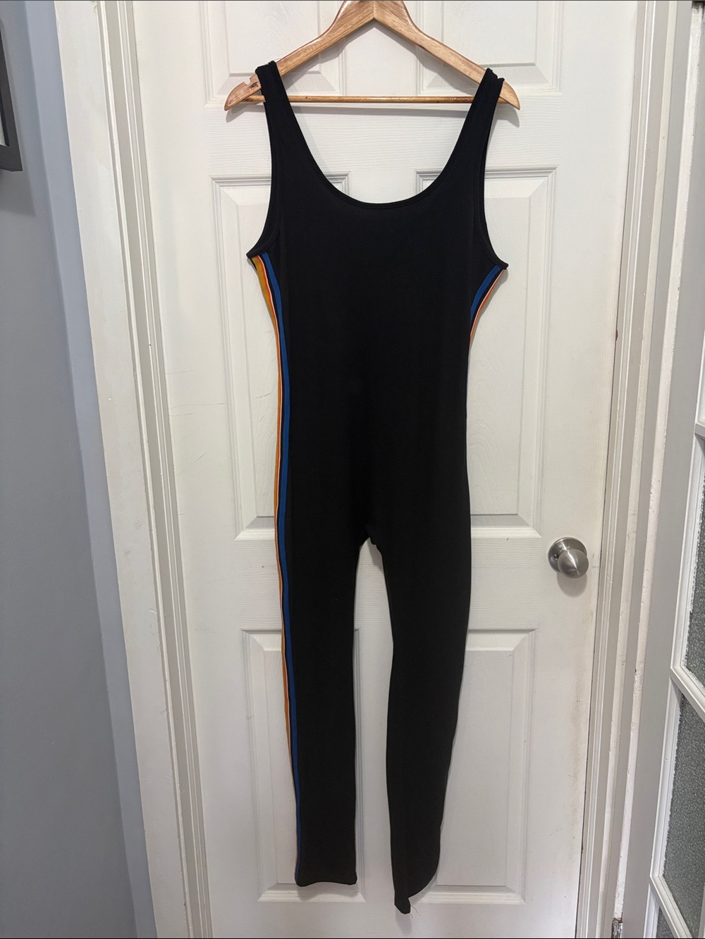 Black One-Piece Athletic Jumpsuit with Side Stripes